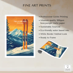 Telluride Travel Poster - Colorado showcasing vibrant ski prints and stunning mountain scenery.