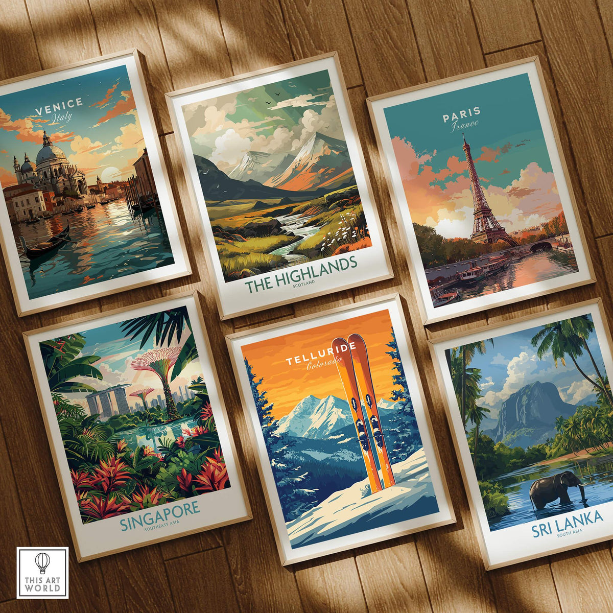 Telluride Travel Poster - Colorado among various travel posters, showcasing vibrant designs and iconic landmarks.