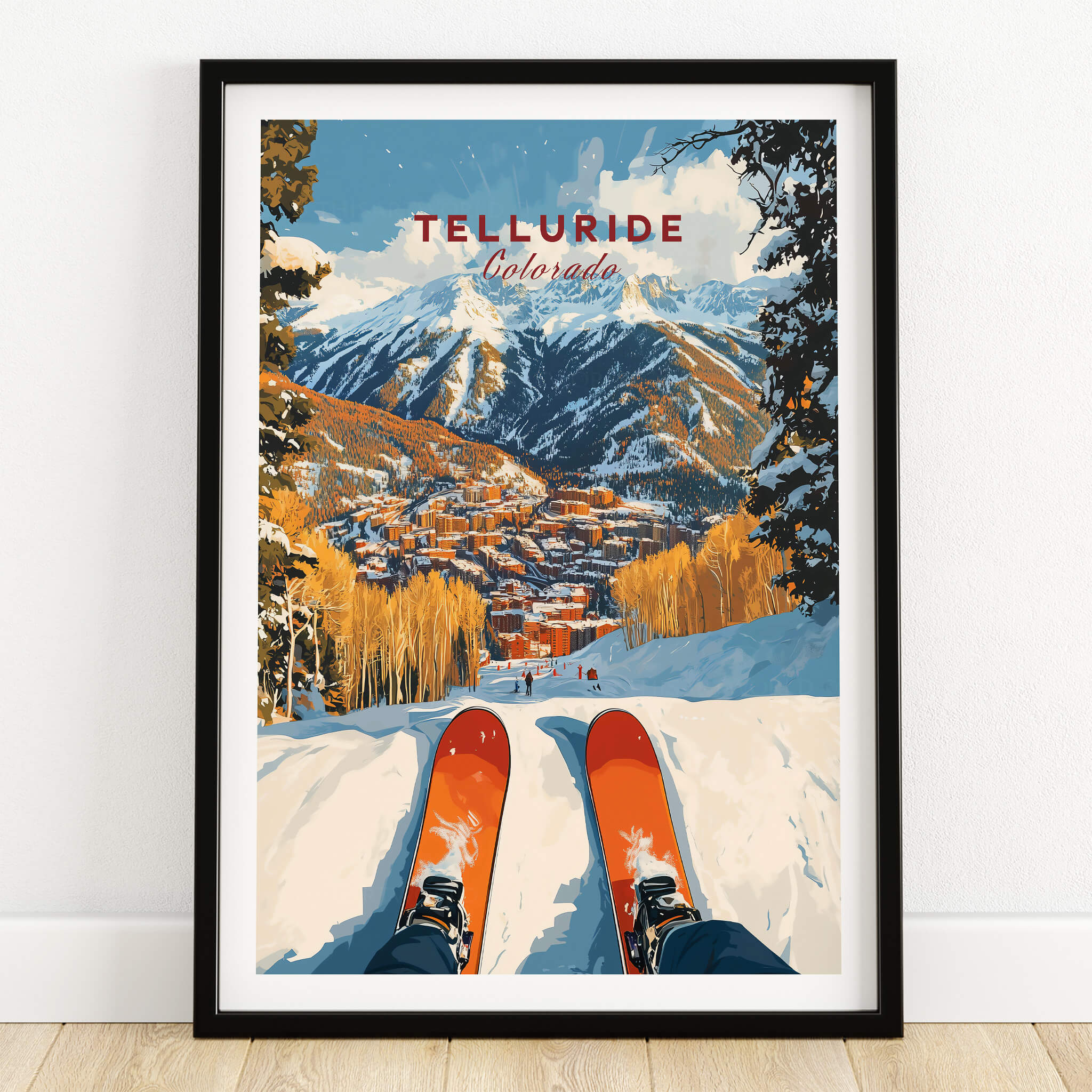 Telluride Ski Poster featuring a stunning ski scene with mountains and ski tracks in Colorado.