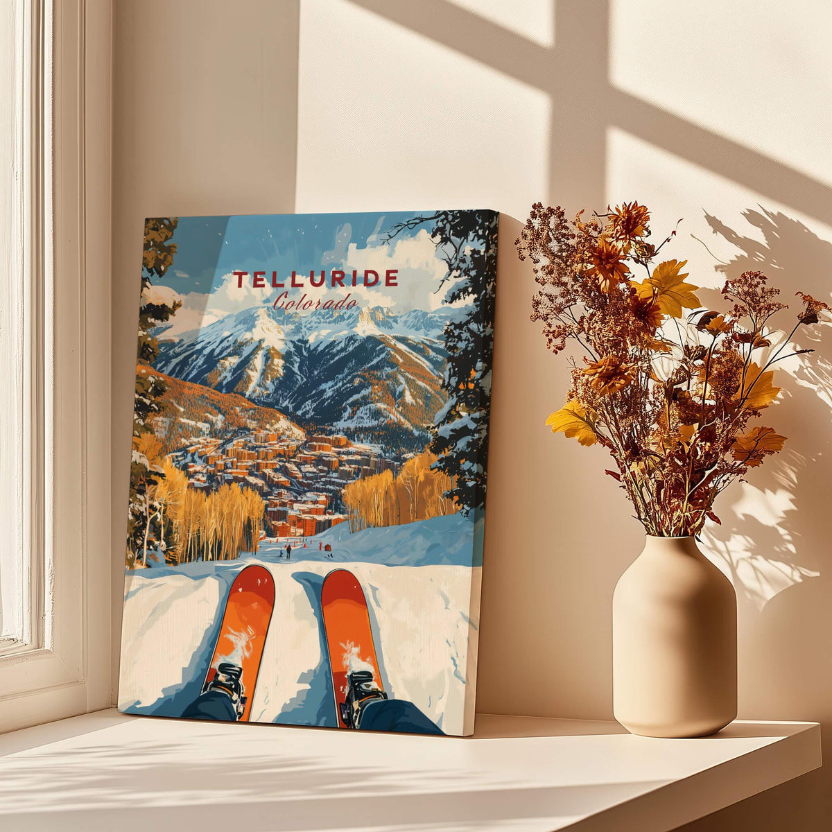 Telluride Ski Poster featuring a breathtaking ski view with vibrant colors and a cozy home setting.