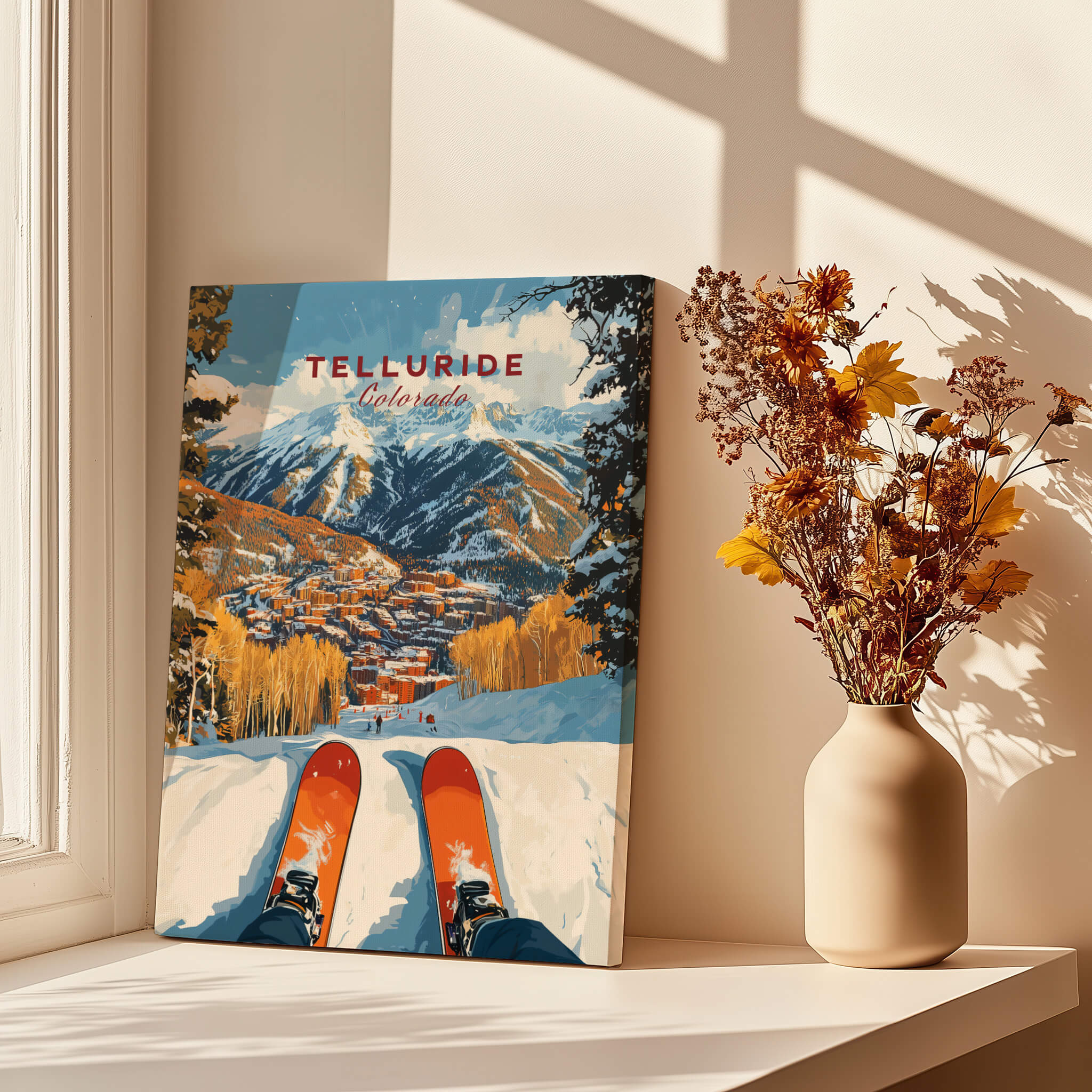 Telluride Ski Poster featuring a breathtaking ski view with vibrant colors and a cozy home setting.