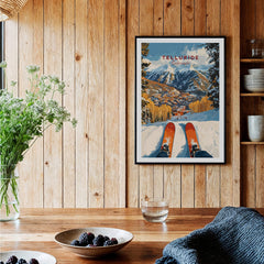 Telluride Ski Poster displayed in a cozy interior setting, showcasing a breathtaking ski scene and inviting winter adventure.