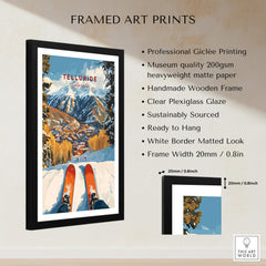 Telluride Ski Poster framed art print featuring beautiful mountain scenery and skiing gear.