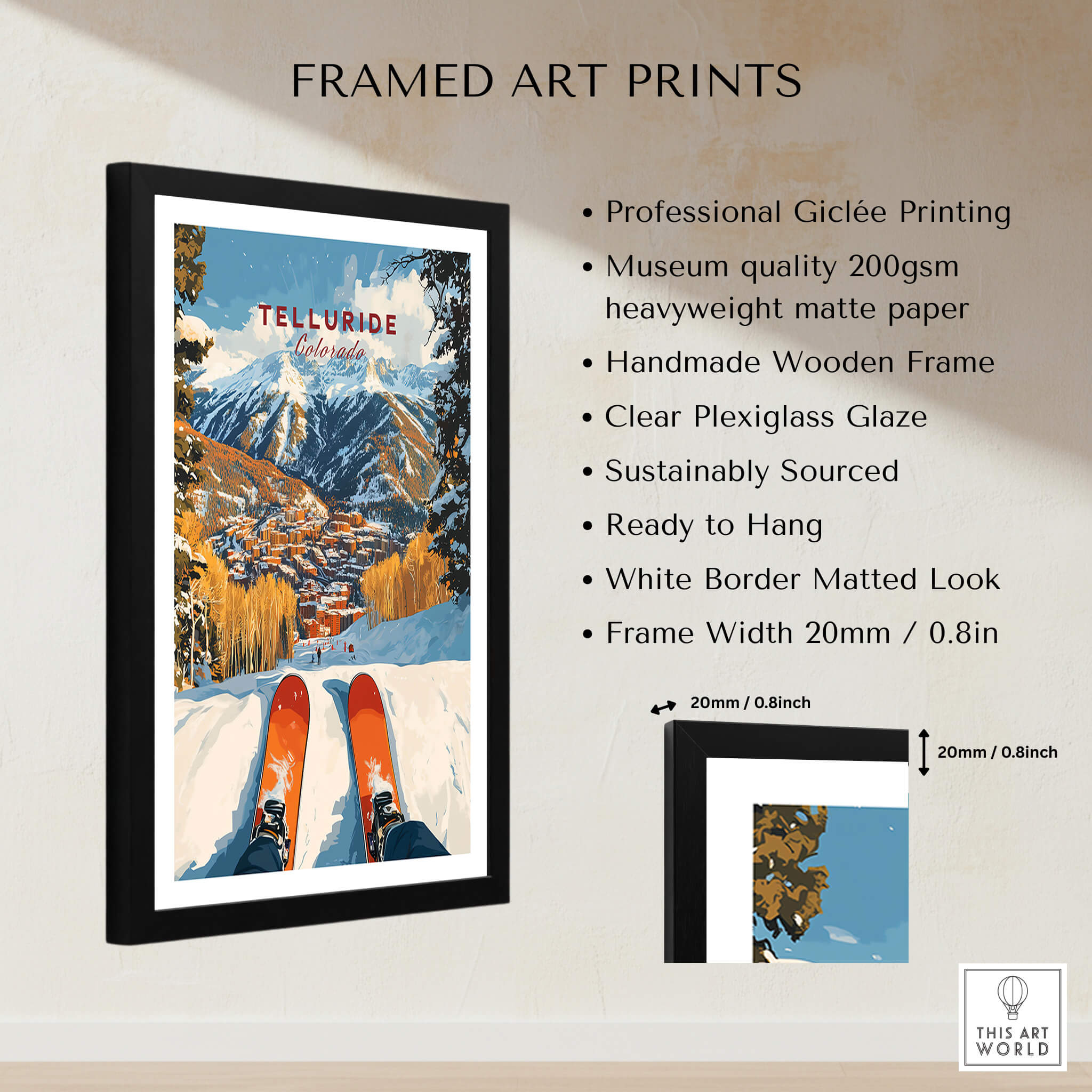Telluride Ski Poster framed art print featuring beautiful mountain scenery and skiing gear.