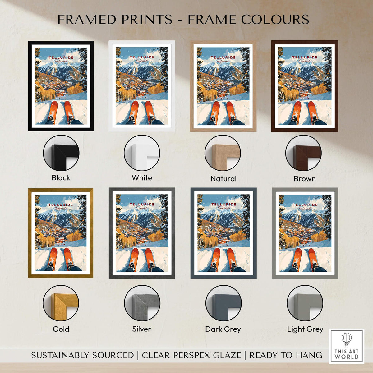 Framed Telluride Ski Poster in various colors: black, white, natural, brown, gold, silver, dark grey, light grey.