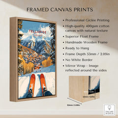 Telluride Ski Poster framed canvas print showcasing stunning winter landscape and vibrant ski scene.