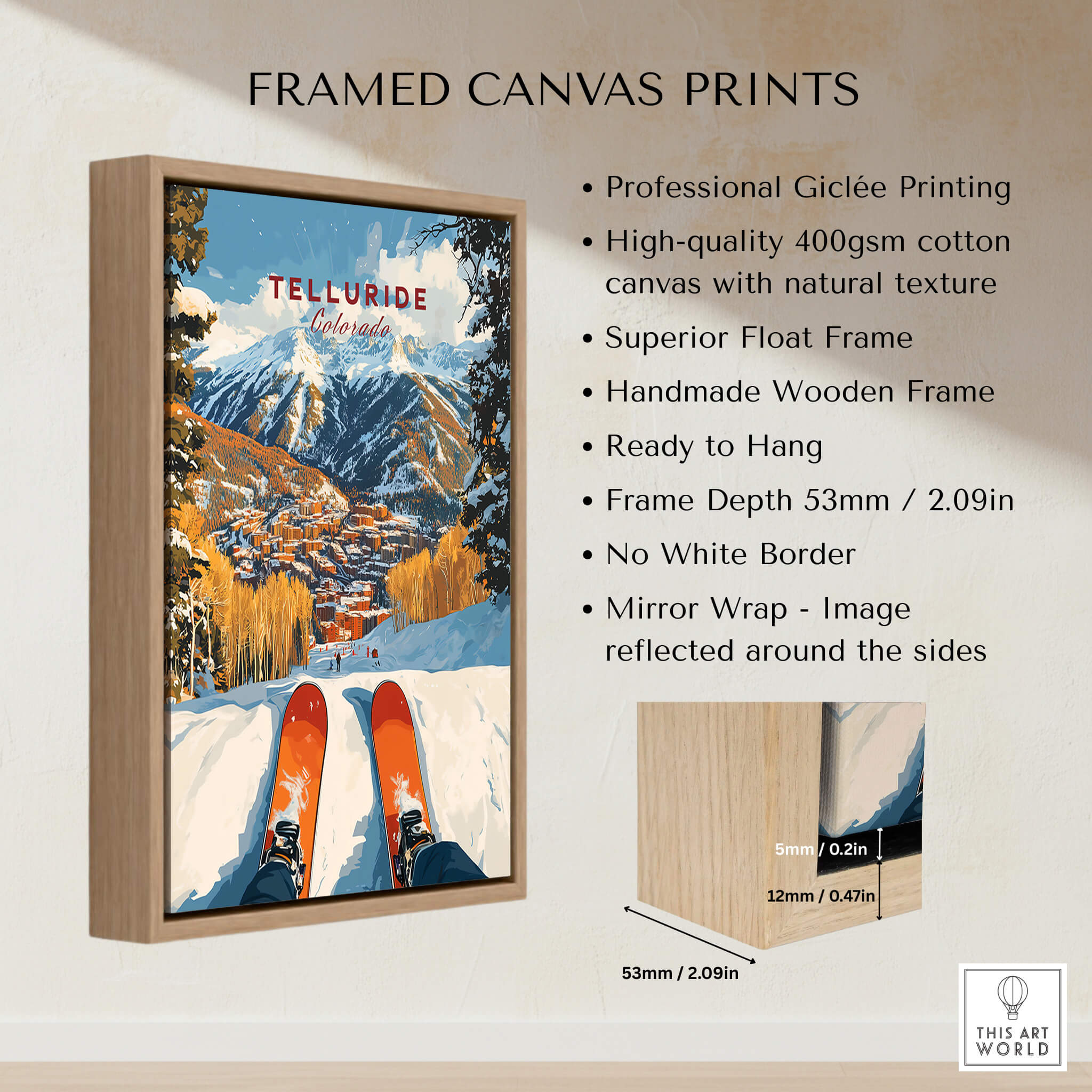 Telluride Ski Poster framed canvas print showcasing stunning winter landscape and vibrant ski scene.