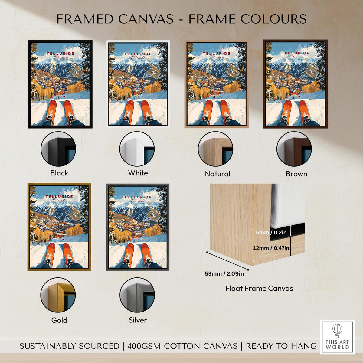 Telluride Ski Poster framed in various colors including black, white, natural, brown, gold, and silver.