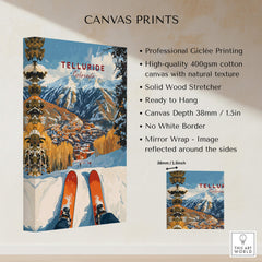 Telluride Ski Poster featuring a vibrant ski scene with mountains and snow, perfect for ski enthusiasts.