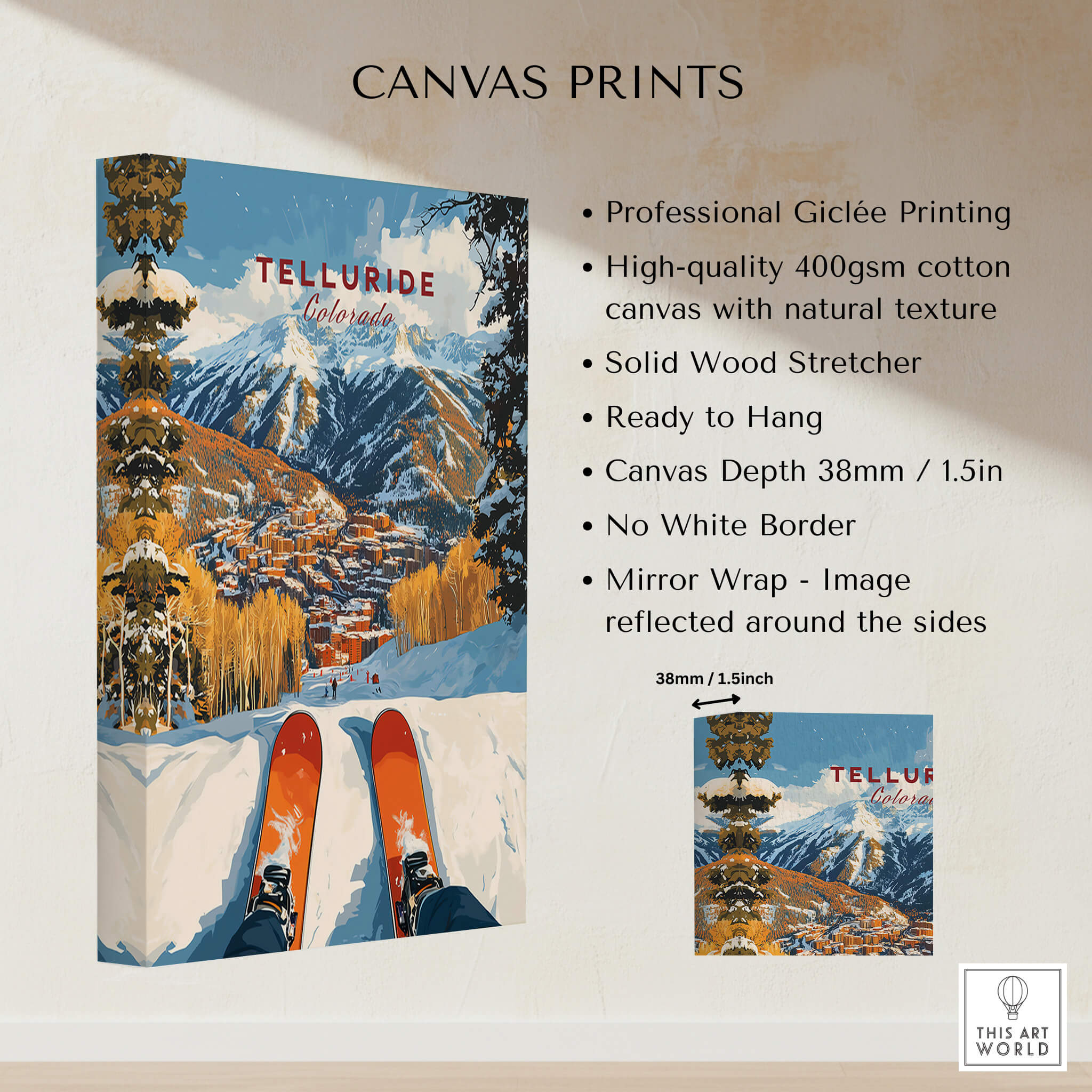 Telluride Ski Poster featuring a vibrant ski scene with mountains and snow, perfect for ski enthusiasts.