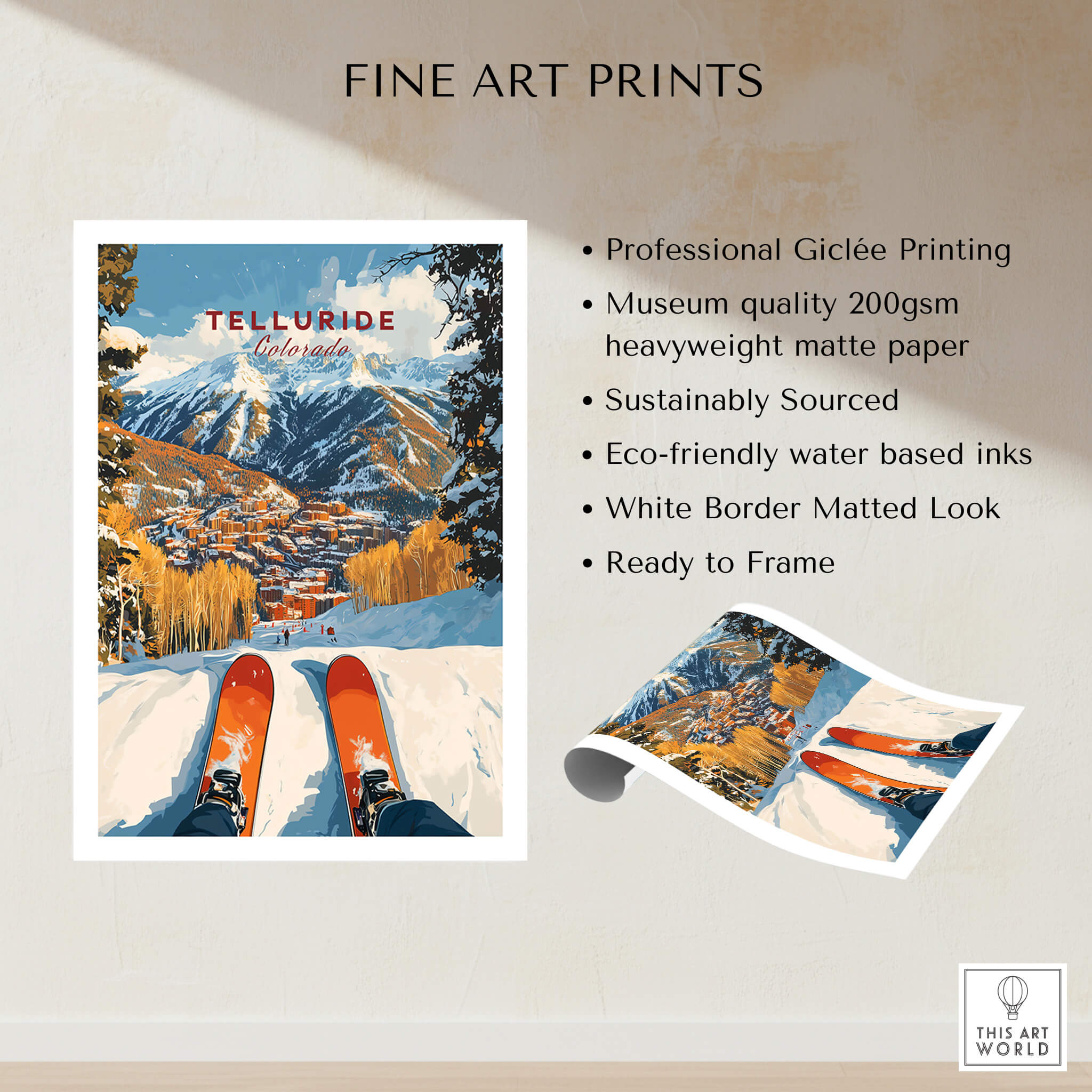 Telluride Ski Poster showcasing a snowy mountain scene with ski equipment, perfect for ski enthusiasts and home decor.