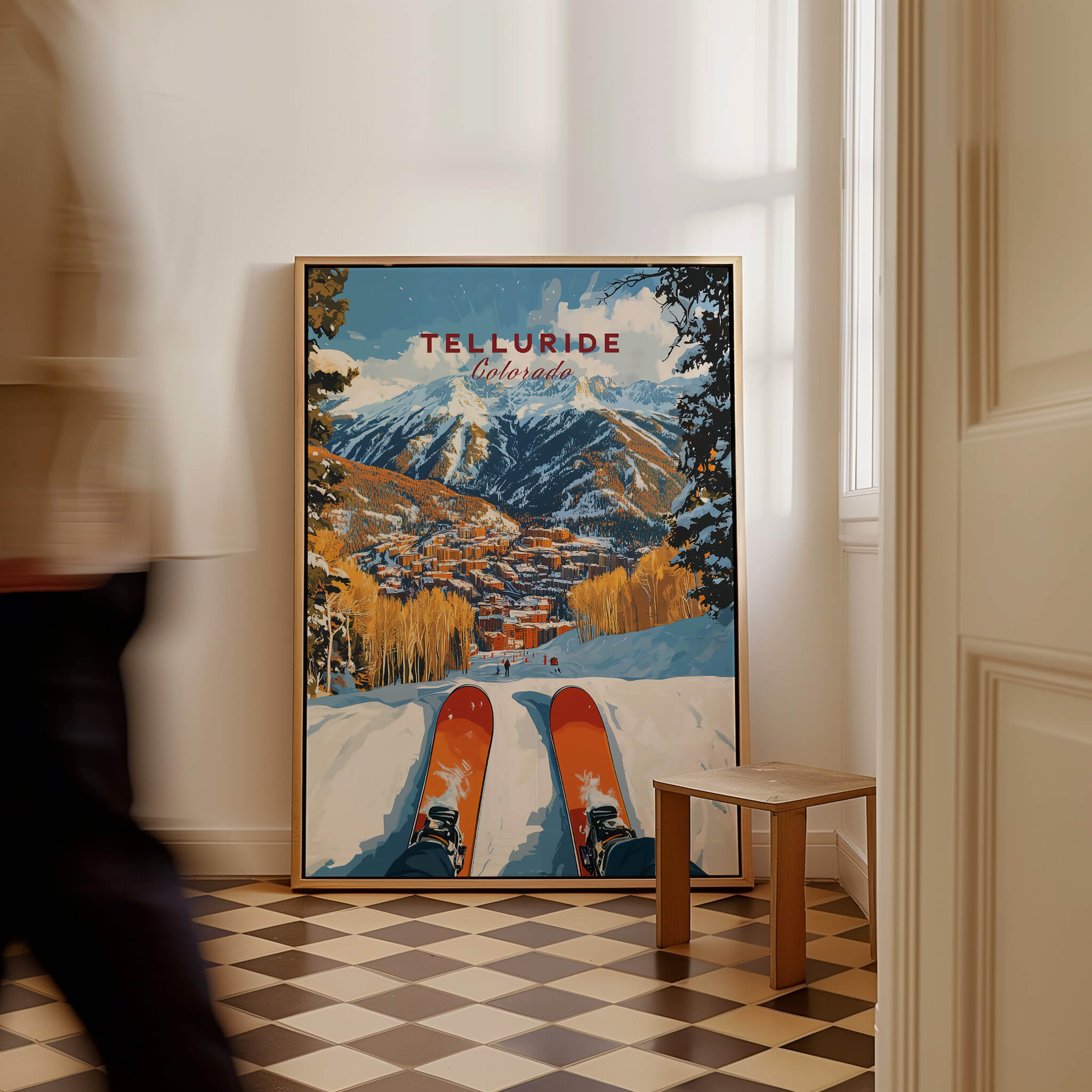 Telluride Ski Poster showcasing a beautiful ski scene with mountains and vibrant autumn colors.