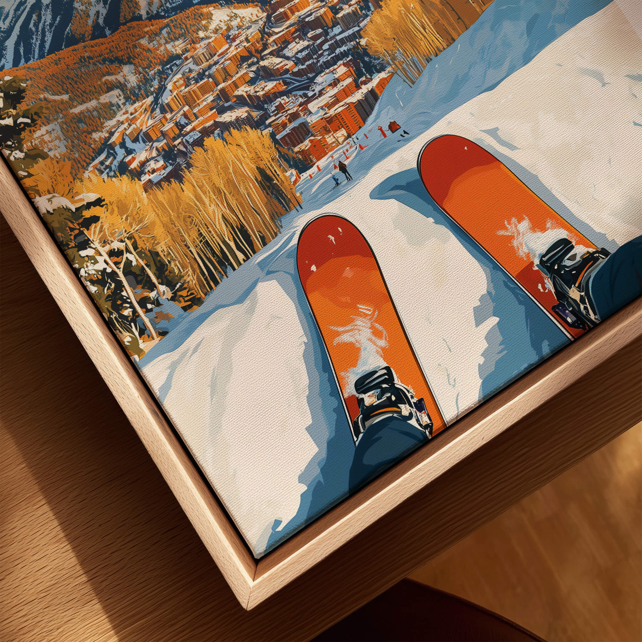 Telluride Ski Poster showcasing vibrant snow-covered slopes and orange skis, bringing skiing excitement to your home decor.