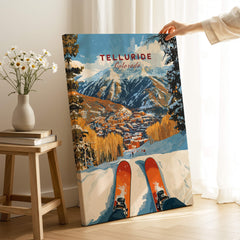Telluride Ski Poster showcasing a scenic view of Telluride, Colorado with skiing equipment in the foreground.