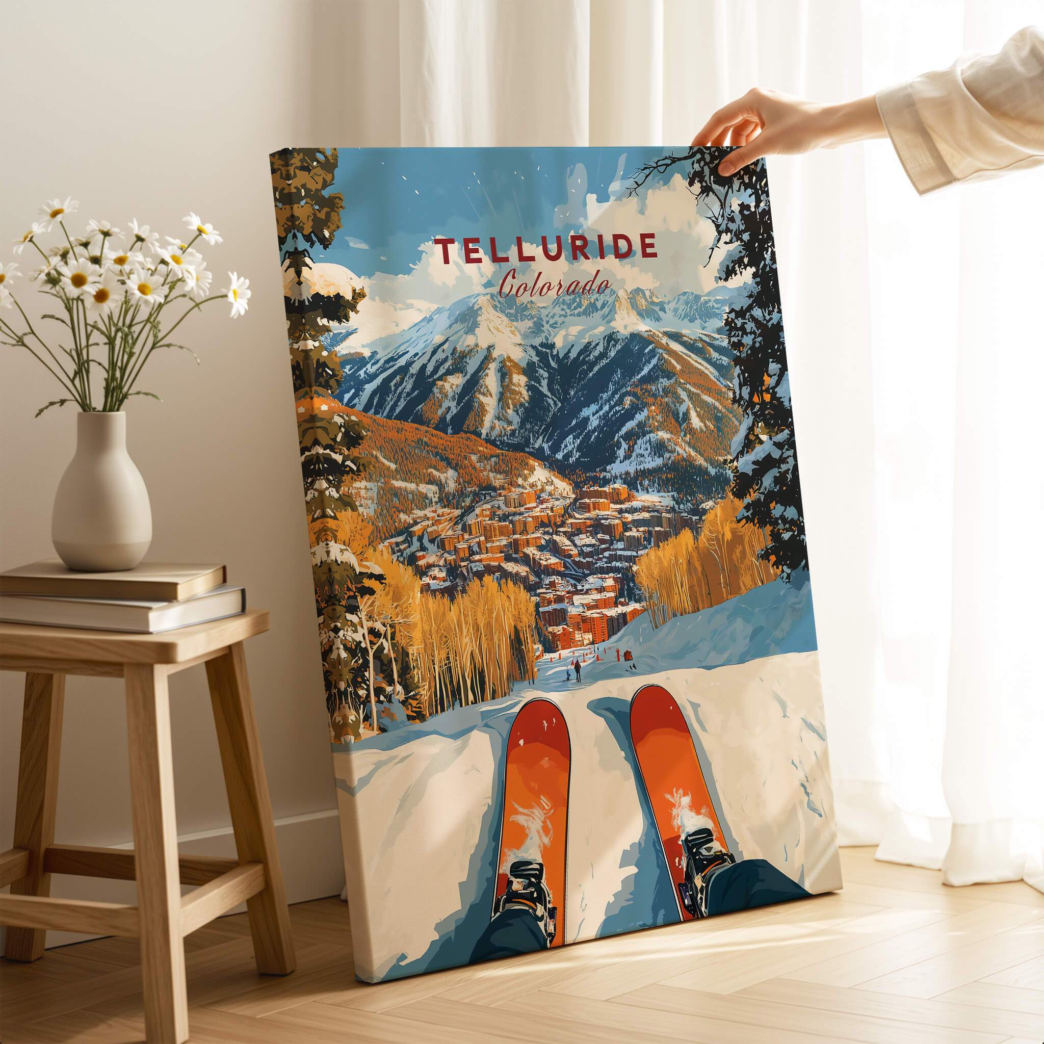 Telluride Ski Poster showcasing a scenic view of Telluride, Colorado with skiing equipment in the foreground.