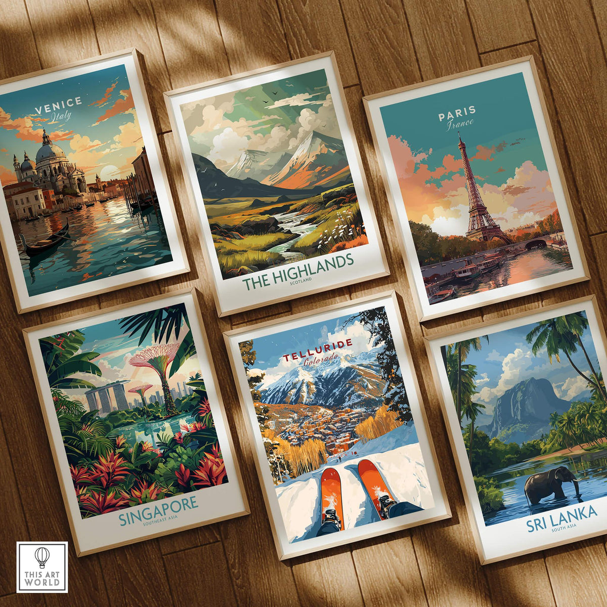 Collection of travel posters including Telluride Ski Poster, Venice, Paris, The Highlands, Singapore, and Sri Lanka.