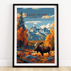 Grand Teton Poster | National Park Print featuring a moose in vibrant fall scenery with mountains.