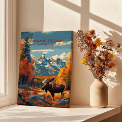 Grand Teton Poster | National Park Print featuring a majestic moose and vibrant fall scenery.