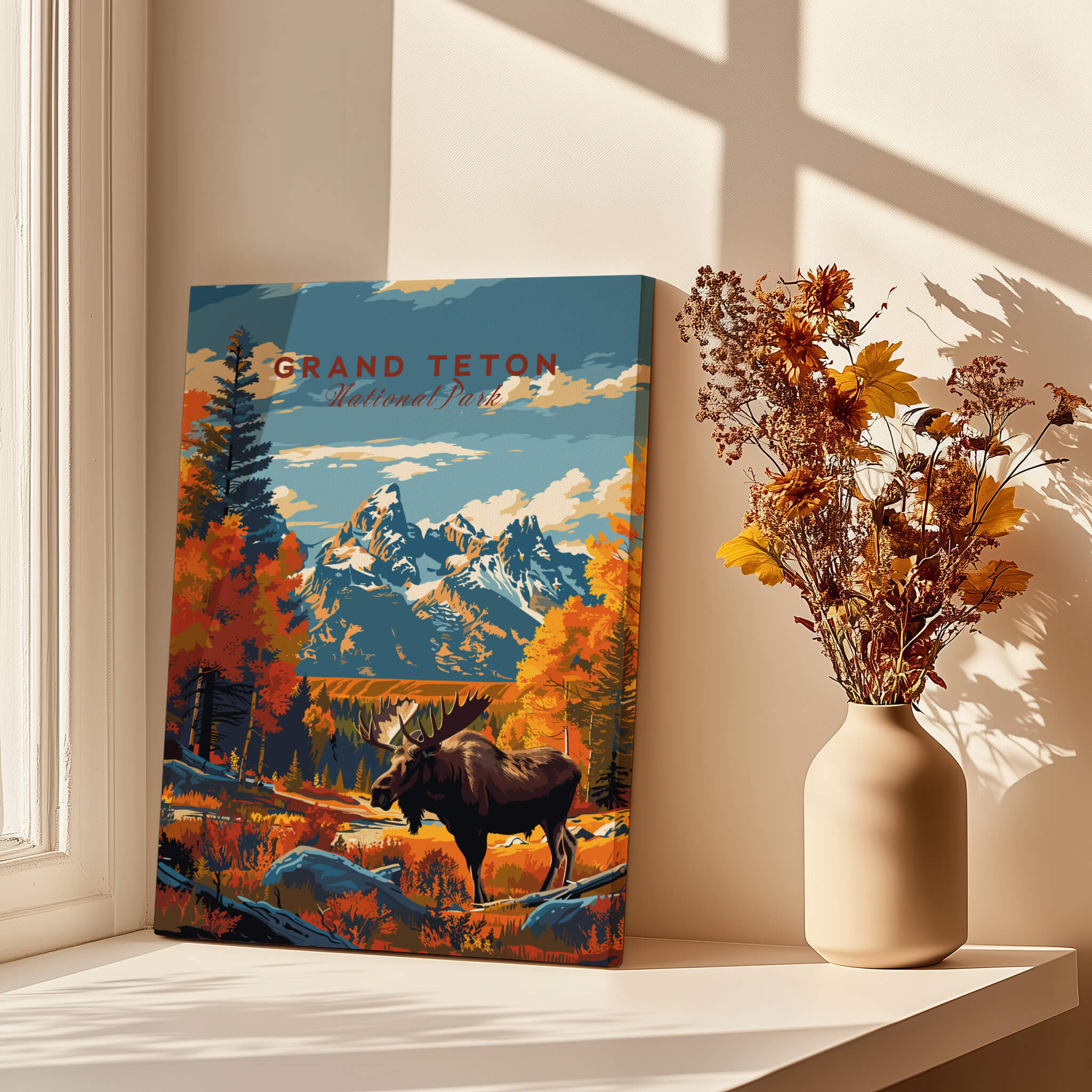Grand Teton Poster | National Park Print featuring a majestic moose and vibrant fall scenery.