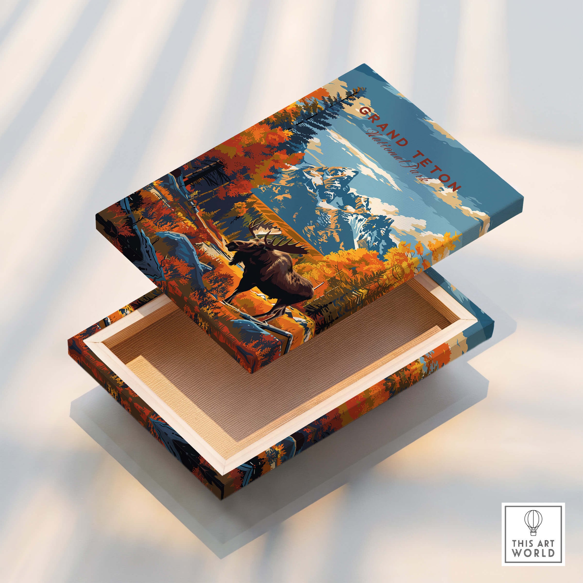 Grand Teton Poster | National Park Print on a beautifully crafted wooden box featuring stunning outdoor scenery.