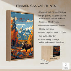 Grand Teton Poster | National Park Print featuring a moose and mountains in a framed canvas print.