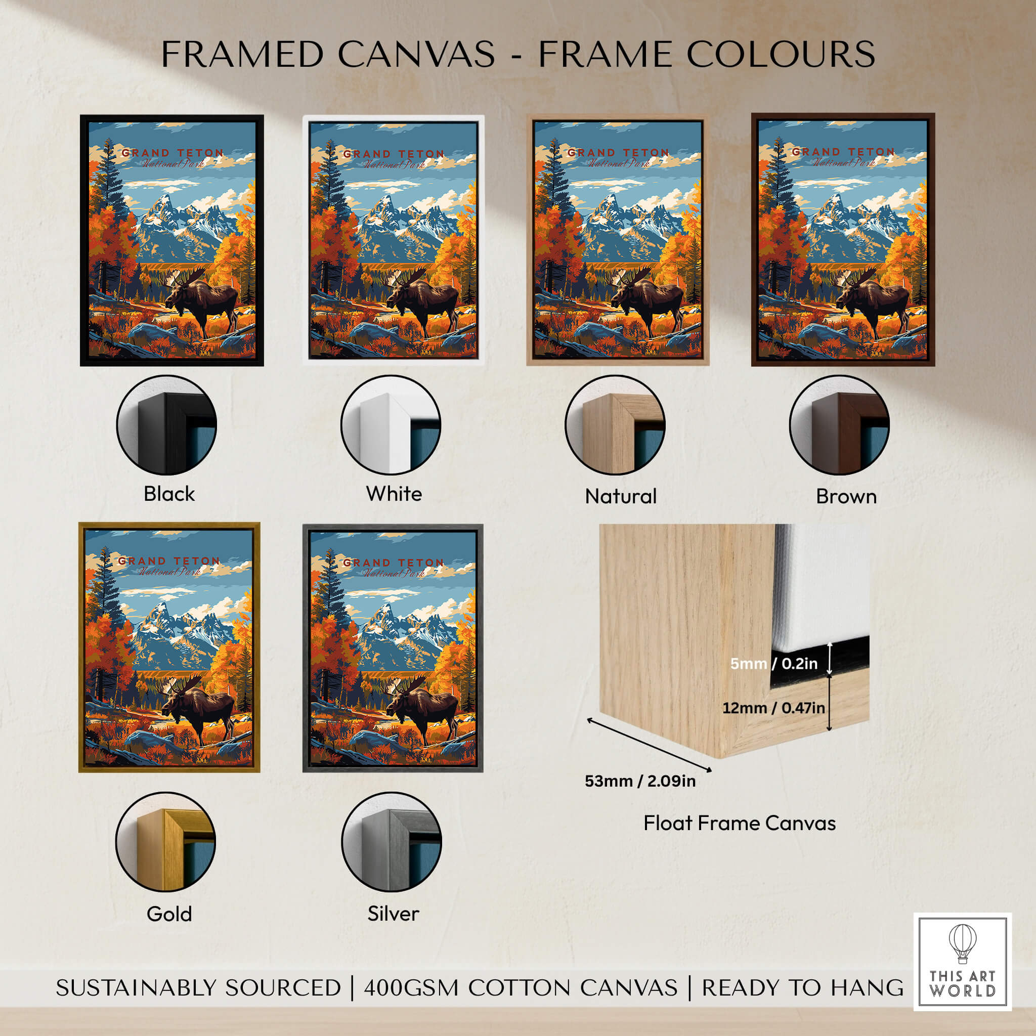 Grand Teton Poster | National Park Print showcasing various frame colors for a beautiful nature poster.