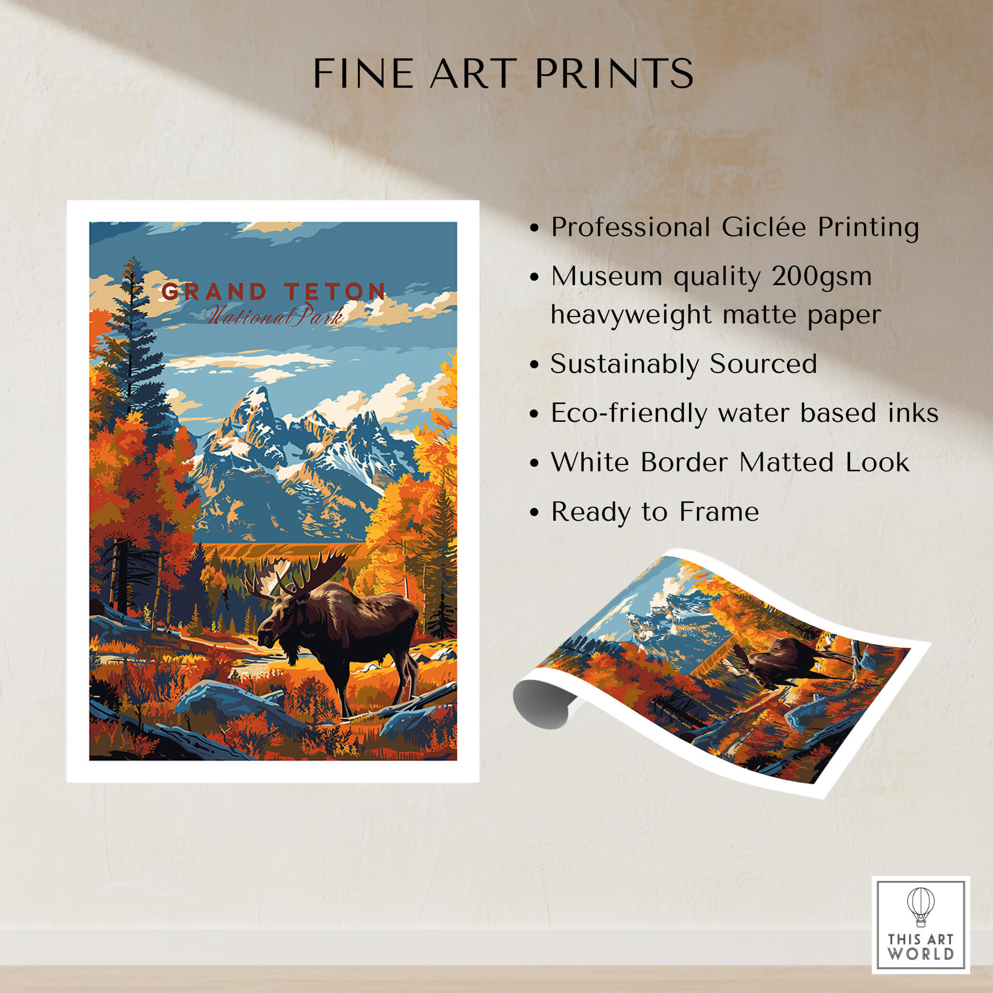 Grand Teton Poster | National Park Print featuring vibrant colors and wildlife scenery.