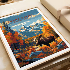 Framed Grand Teton National Park art print with moose and autumn mountain landscape