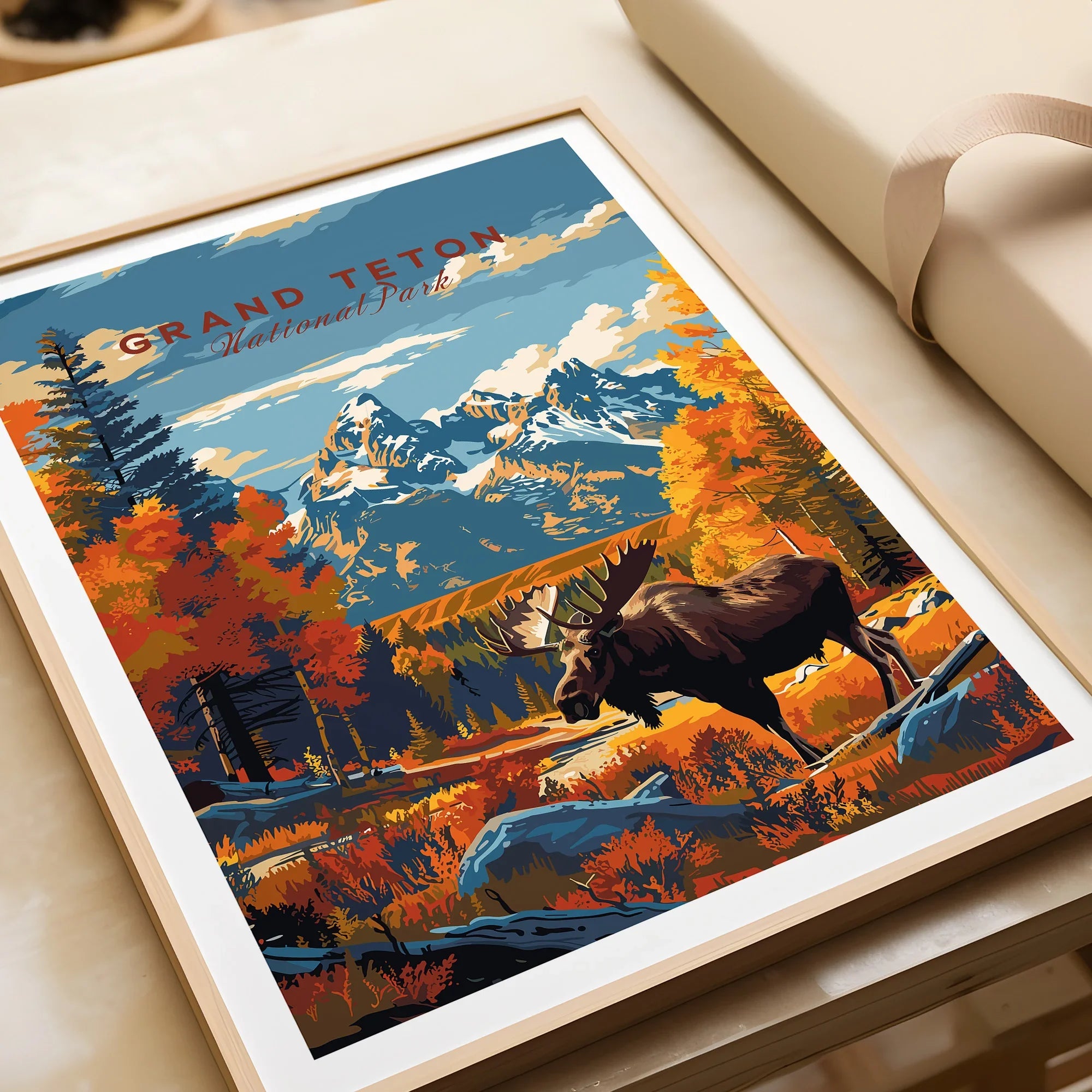 Framed Grand Teton National Park art print with moose and autumn mountain landscape