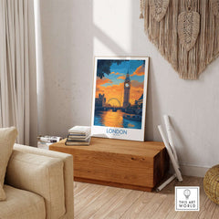 Thames River London Print | Skyline with Big Ben & London Eye showcased in stylish interior decor.