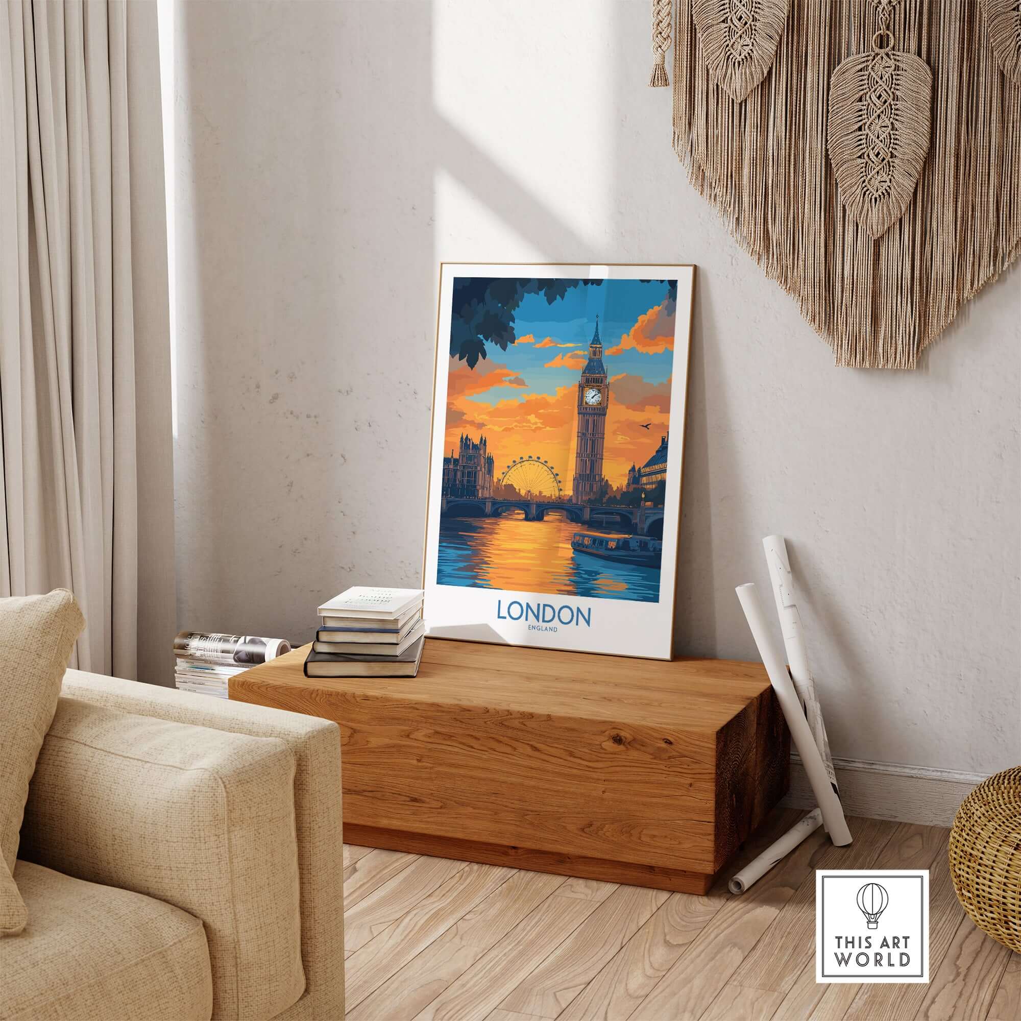 Thames River London Print | Skyline with Big Ben & London Eye showcased in stylish interior decor.