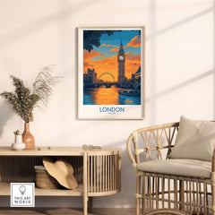 Thames River London Print | Skyline with Big Ben & London Eye in a stylish living room decor.