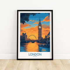 Thames River London Print | Skyline with Big Ben & London Eye in a framed artwork depicting London at sunset.