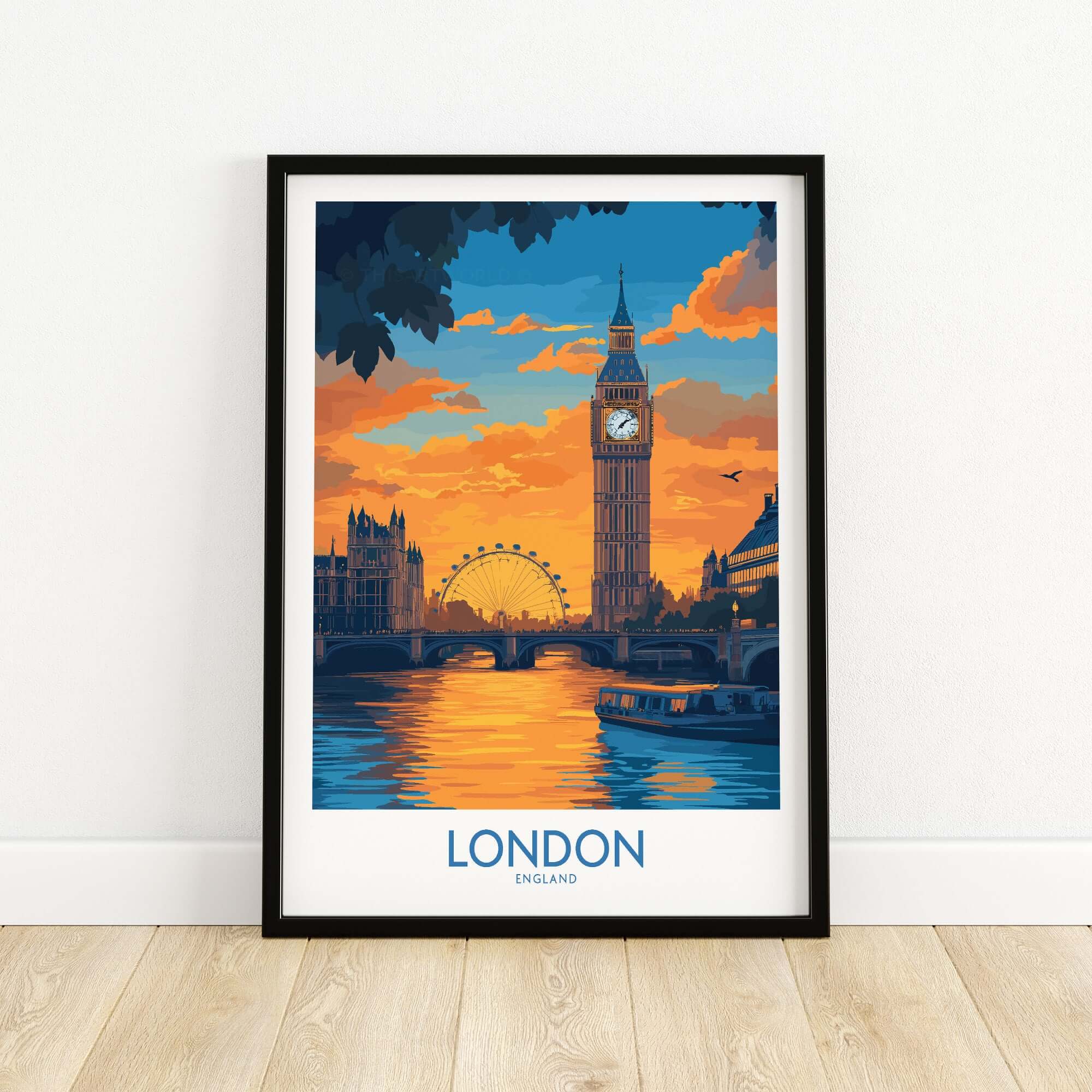 Thames River London Print | Skyline with Big Ben & London Eye in a framed artwork depicting London at sunset.