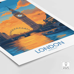 Thames River London Print | Skyline with Big Ben & London Eye, vibrant sunset over London landmarks and the River Thames.
