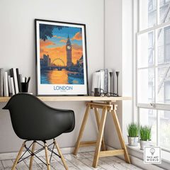 Thames River London Print | Skyline with Big Ben & London Eye, vibrant artwork in a modern home office setting.