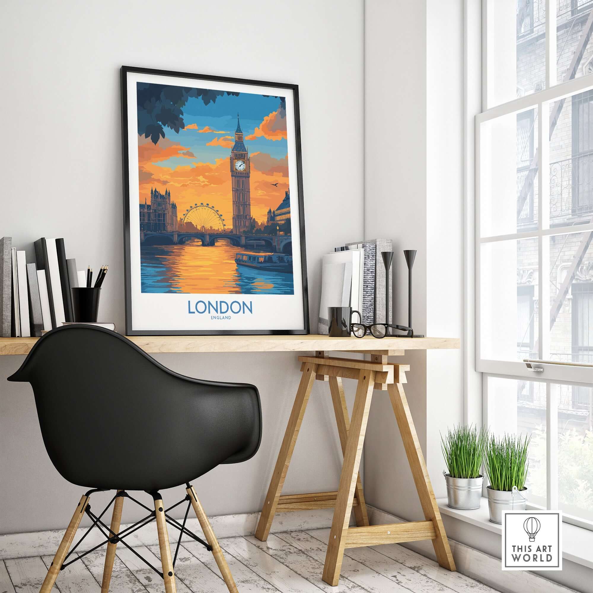 Thames River London Print | Skyline with Big Ben & London Eye, vibrant artwork in a modern home office setting.
