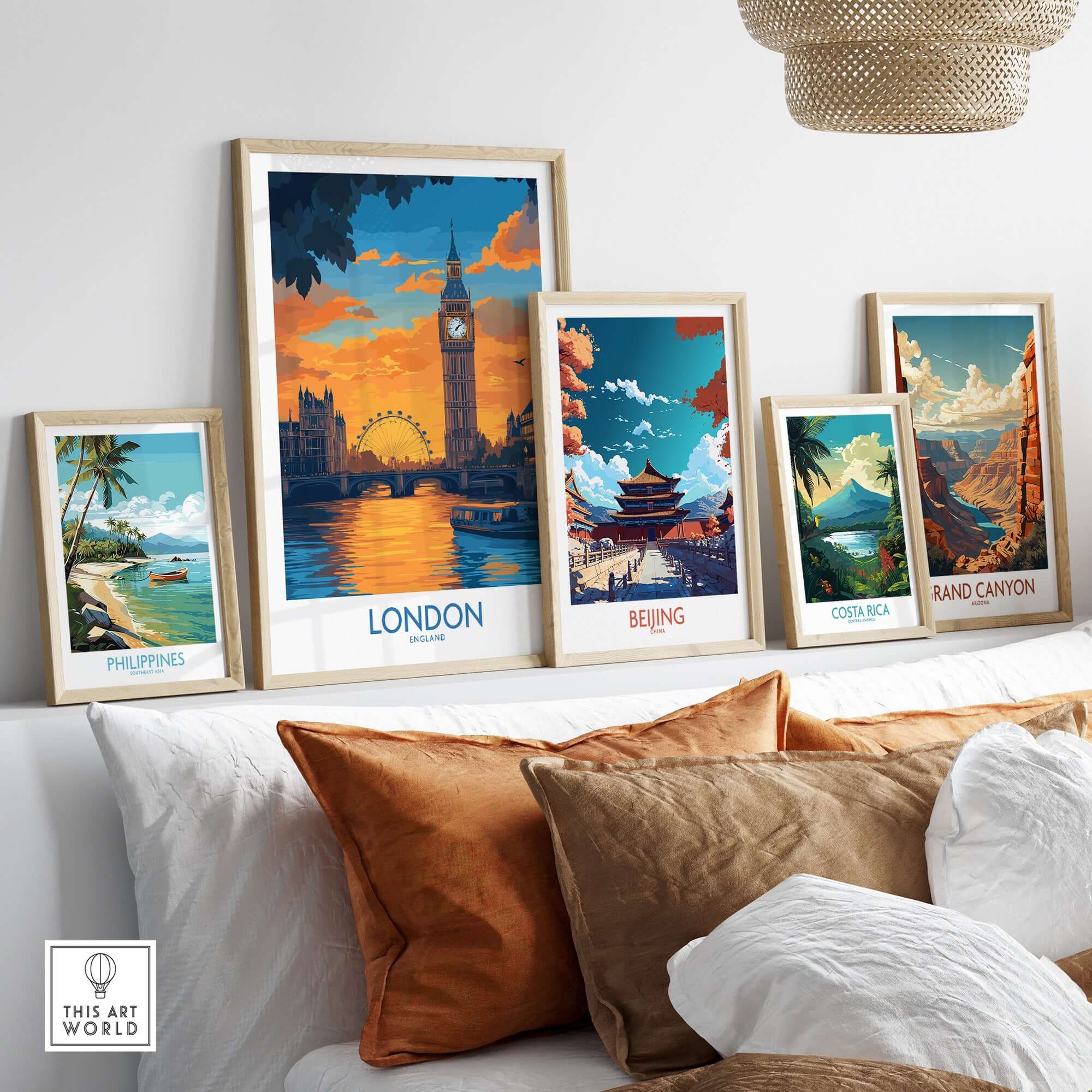 Thames River London Print | Skyline with Big Ben & London Eye framed in a modern home decor setting.