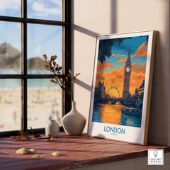 Thames River London Print | Skyline with Big Ben & London Eye displayed in a cozy room setting.