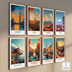 Thames River London Print | Skyline with Big Ben & London Eye poster collection on display.