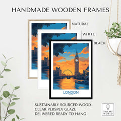 Thames River London Print | Skyline with Big Ben & London Eye in handmade wooden frames.