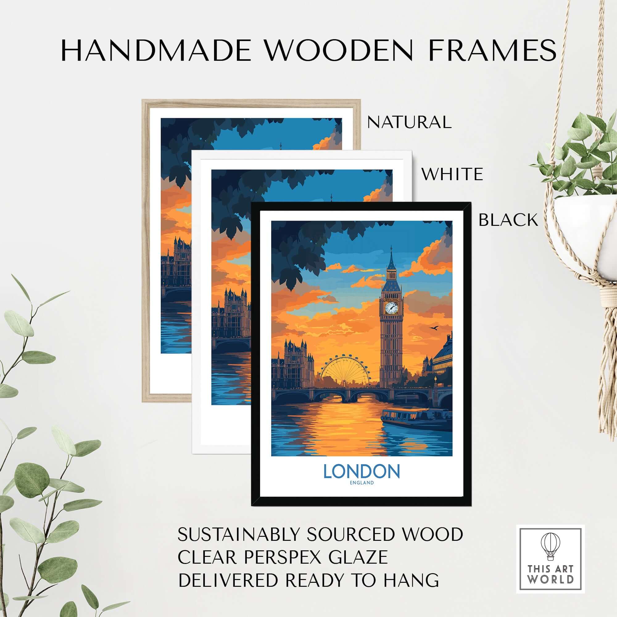 Thames River London Print | Skyline with Big Ben & London Eye in handmade wooden frames.