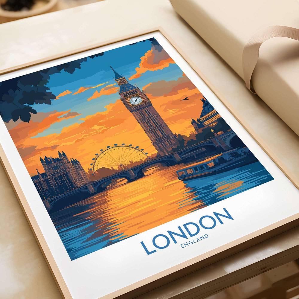 Thames River London Print | Skyline with Big Ben & London Eye featuring sunset colors and reflections on water.