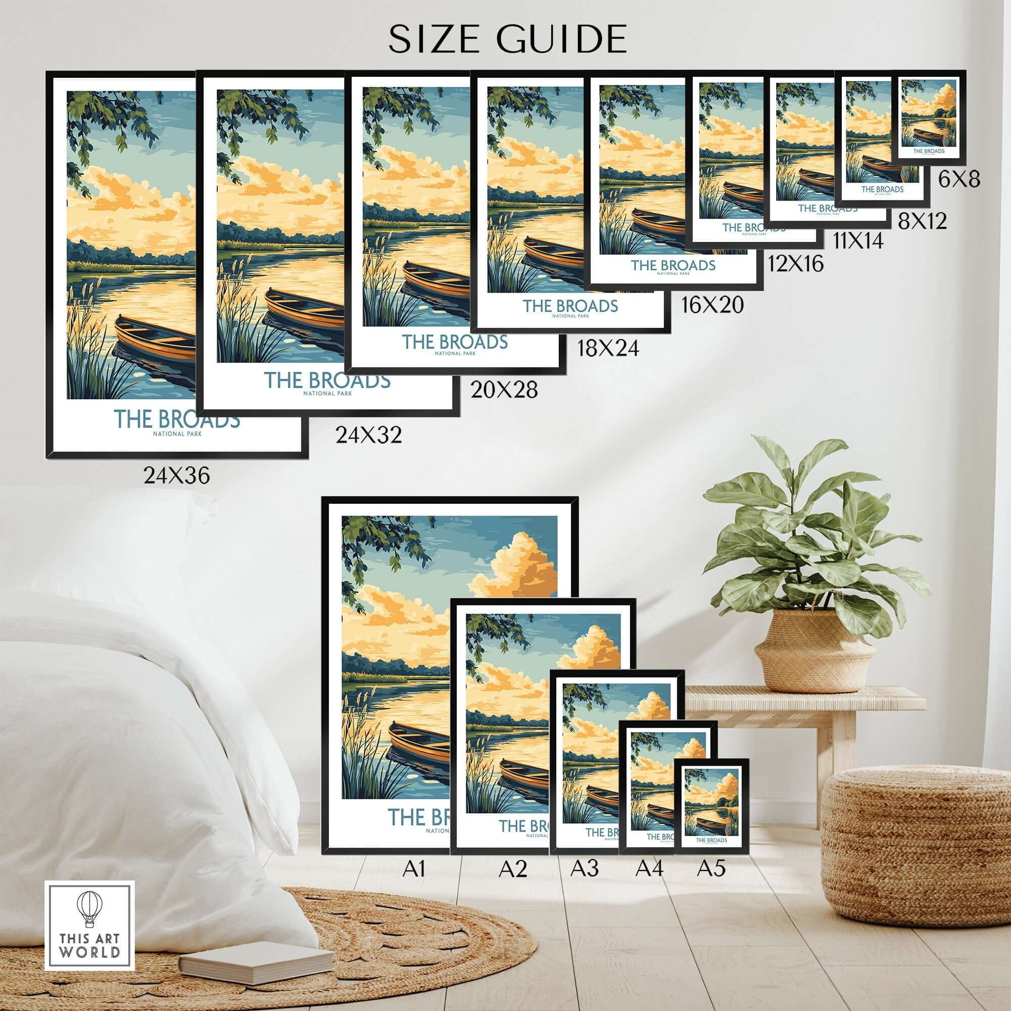 The Broads National Park Art Print size guide showcasing various frame sizes in a home setting.