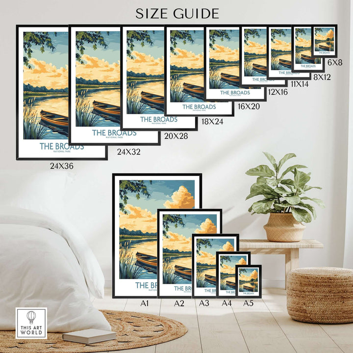 Size guide for The Broads National Park art print displayed in various frame sizes and settings. Perfect for home decor.