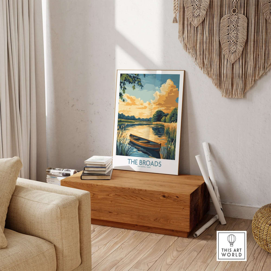 Art print of The Broads National Park featuring a serene landscape and calm waters, perfect for home decor.