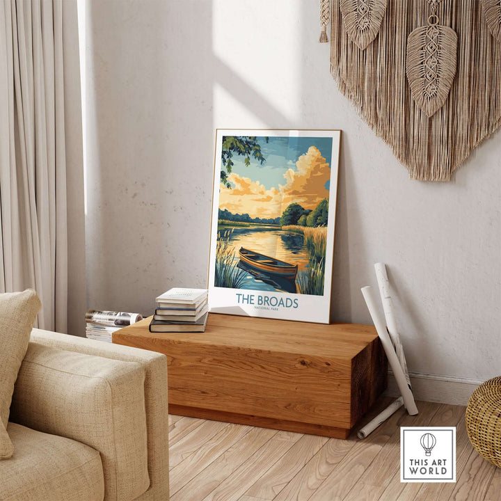 Art print of The Broads National Park featuring a serene landscape and calm waters, perfect for home decor.