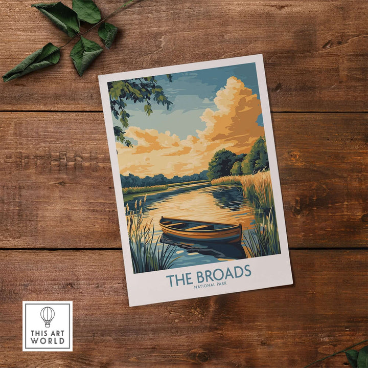 The Broads National Park art print featuring a serene landscape with a boat on a tranquil river at sunset.