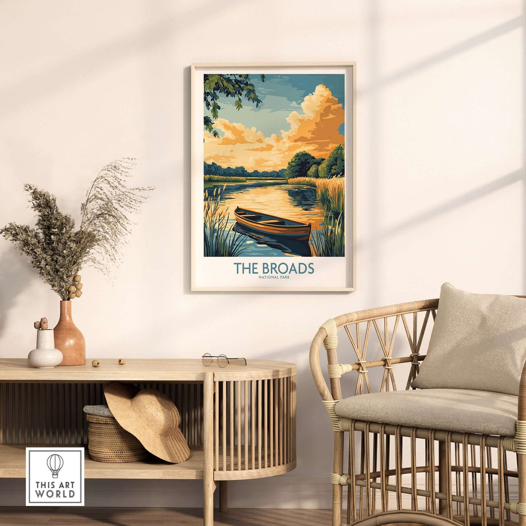 Art print of The Broads National Park with a scenic landscape and boat, perfect for home decor and nature lovers.