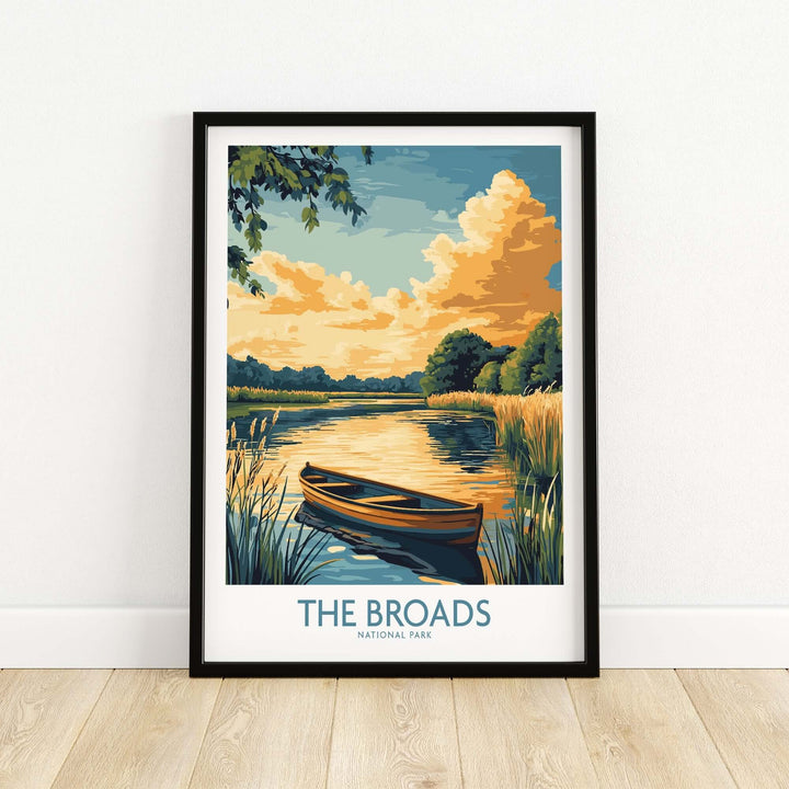 Art print of The Broads National Park showcasing a serene water landscape and a wooden boat in a framed display.